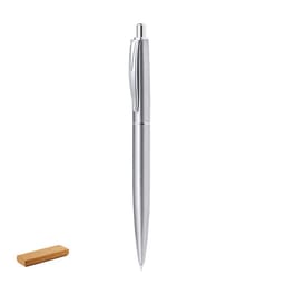 A metal pen in a sleek silver finish alongside a small rectangular piece of cork. The pen features a clip and has a logo.