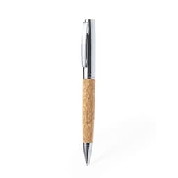A metal pen featuring a cork grip and chrome accents, showcasing an elegant design in natural tones.