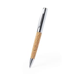A metal pen with a cork body and chrome details, featuring a clip and a sleek design.