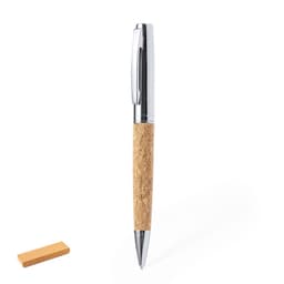A metal pen with a cork grip and a chrome clip, displayed alongside a small cork piece.