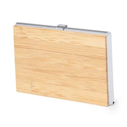 A wooden and silver card holder with a sleek design, featuring a metal clasp and a natural wood finish.