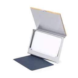 A metal cardholder with a wooden lid, displaying an open compartment for cards. Includes a dark blue backing.