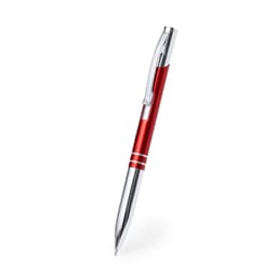 A metal pen in vibrant red with silver accents and a sleek design, featuring a clip and ballpoint tip.