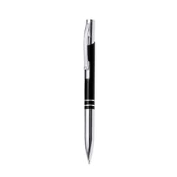 A metal pen with a black barrel and silver accents, featuring a clip and a logo on the surface.