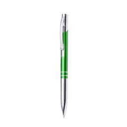 A green metal pen with a chrome clip and accents, featuring a sleek design and a logo.