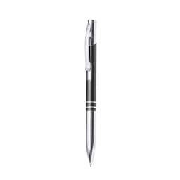 A metal pen in black with silver accents, featuring a clip and two silver bands around the barrel.