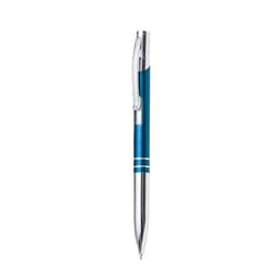 A metal pen with a sleek blue barrel and chrome accents, featuring a clip and a smooth tip for writing.