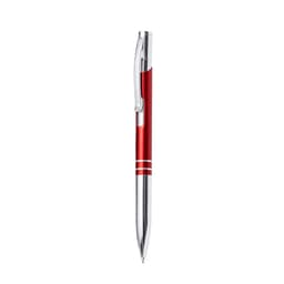A metal pen with a red barrel and chrome accents, featuring a sleek design and a branding logo.