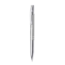 A metal pen with a shiny silver finish and a clip, featuring a simple design and branding.