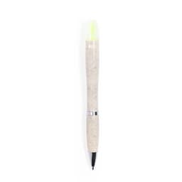 A pen with a light beige textured body and a bright green clip, featuring a silver band and branding.