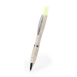 A beige pen with a bright yellow cap and silver accents, featuring a branding logo.