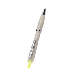 A grey and yellow pen with a sleek design and a metallic clip, featuring branding on the body.