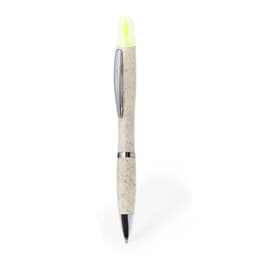 A light beige pen with a shiny silver clip and a bright yellow highlighter tip. It features a branding logo.
