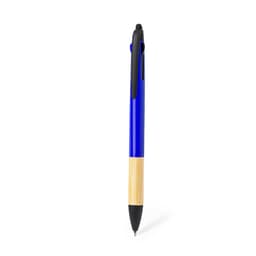 A blue ballpoint pen with a bamboo grip and a black clip, featuring a logo.