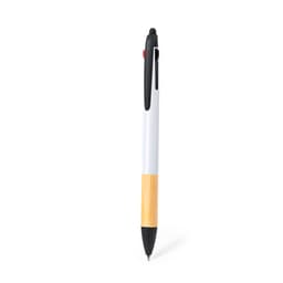 A ballpoint pen featuring a white barrel and bamboo design at the bottom, with a black grip and clip.