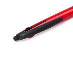 A red ballpoint pen with a black stylus tip and a sleek design, featuring a logo.