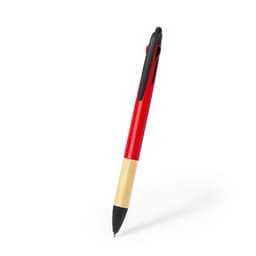 A red ballpoint pen with a bamboo accent and black detailing, featuring a branding logo.