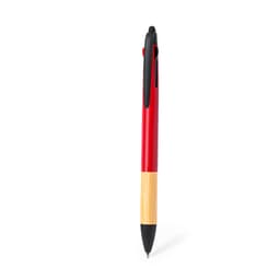 A red ballpoint pen with a bamboo barrel and a black clip, featuring a logo.