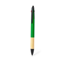 A green ballpoint pen with a bamboo base and a black clip, featuring a logo on the body.