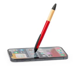 A red ballpoint pen with a bamboo accent, positioned above a smartphone, featuring a logo.