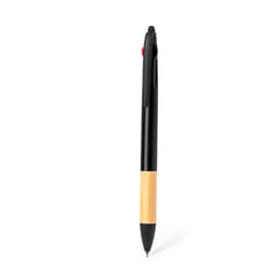 A Milok ballpoint pen featuring a black upper barrel and a bamboo lower section, with a logo on the clip.