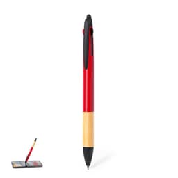 A red ballpoint pen with a bamboo accent and a stylus tip. The pen has a logo and is displayed next to a phone.