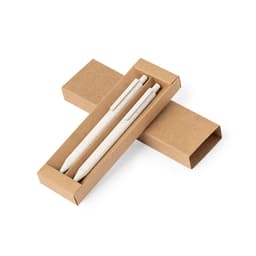 A gift set featuring two white pens in a brown cardboard box. The box has a minimalistic design and a logo.