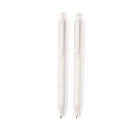 A set of two white pens with a speckled design, featuring a logo on each pen.