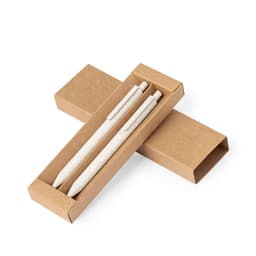 A gift set featuring two off-white pens housed in a brown cardboard box with an open design.