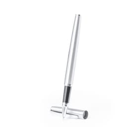 A metal pen set in silver with a sleek design and a black accent. Includes a pen casing.