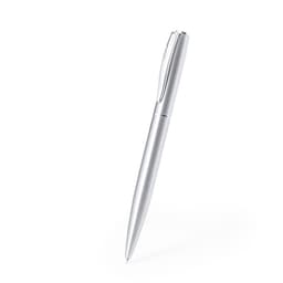 A silver metal pen featuring a sleek design and a clip, displaying a logo on the body.