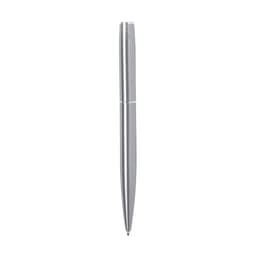 A sleek silver metal pen featuring a smooth design and a branding logo. Ideal for professional use or gifting.