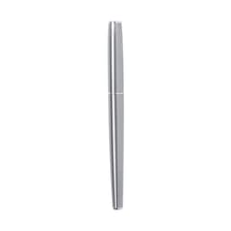 A sleek silver metal pen, featuring a streamlined design and a logo on the surface. Ideal for writing tasks.