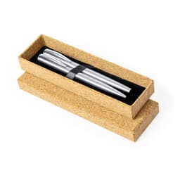 A sleek set of silver metal pens resting in a stylish cork box with a black interior.