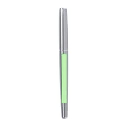 A silver metal pen with a green section, featuring a logo on its body.