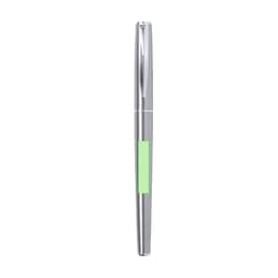 A metal pen in silver with a green grip and branding.