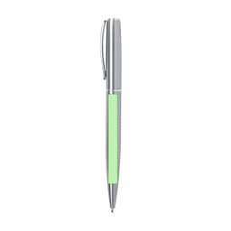 A metal pen with a silver finish and a mint green grip section, featuring a clip and chrome accents.