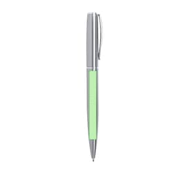 A metal pen with a silver finish and a mint green grip, featuring a clip and branding.