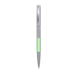 A silver metal pen with a green accent and a logo on the body.