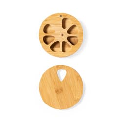 A bamboo lid with a circular design featuring cut-out shapes for airflow, complemented by a solid bamboo base.