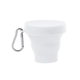 A foldable white plastic cup with a carabiner attached for easy carrying. Features a compact design for portability.