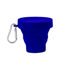 A foldable drink cup in blue with a silver carabiner for easy attachment. Features a logo on the body.
