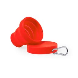 A foldable red drink bottle made of plastic with a carabiner clip attached. It has a smooth surface and compact design.