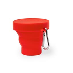 A foldable drink cup in bright red, featuring a carabiner attachment and a solid lid. It has a logo on the side.