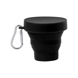A foldable black drinkware cup with a lid and a carabiner clip. It features a logo on the side.