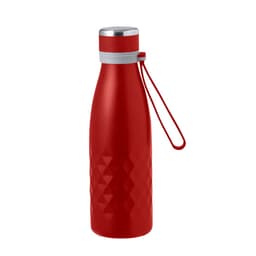 A drink bottle in vibrant red with a textured surface, silver accents, and a carrying loop. It features a logo.