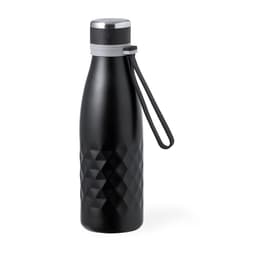 A drink bottle in a sleek black finish with a diamond pattern and silver top. It features a carrying strap and a branding logo.