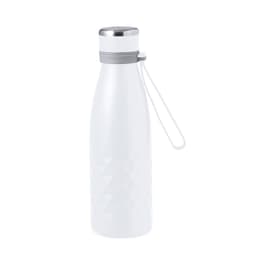 A drink bottle in white with a silver cap, featuring a textured design and a handy strap.