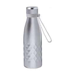 A drink bottle in shiny silver with a textured diamond pattern and a looped cap for easy carrying.