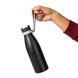 A drink bottle in matte black with a textured surface, featuring a silver lid and a carrying strap.